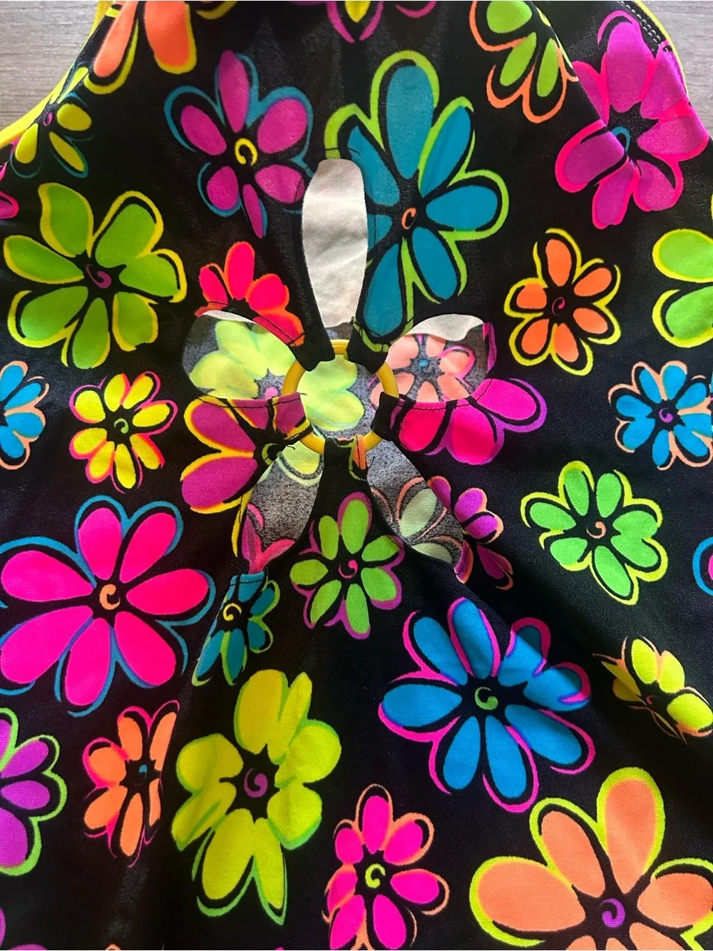 La Blanca Girls One Piece Swimsuit Size 16 Black Neon Floral Yellow Trim